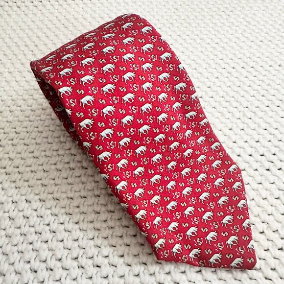 Vineyard Vines Other - Vineyard Vines Martha Handpicked Shep Ian Red Silk Bull Market Dollar Money Tie